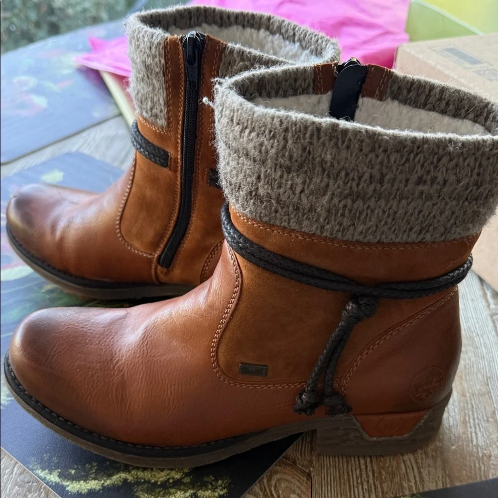 Rieker Tex Brown Water Resistant Lambswool Ankle Boots with Knit Cuff w box 40 9